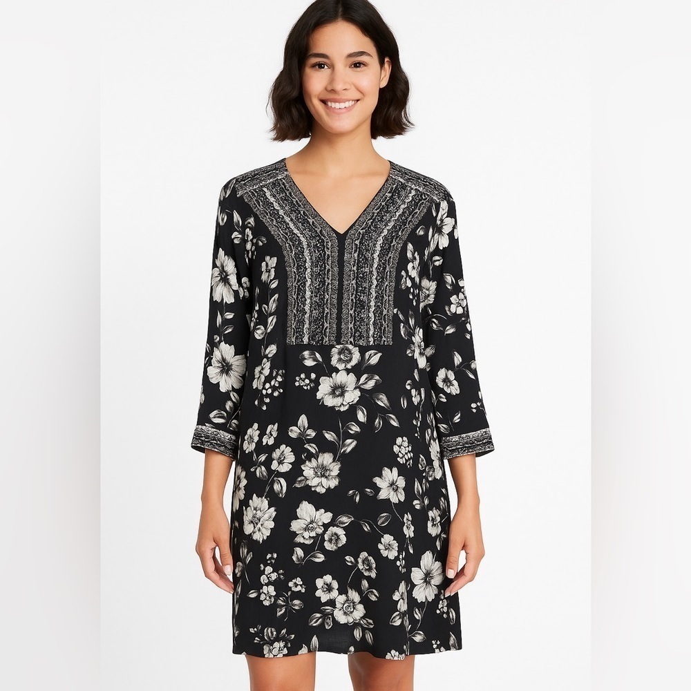 Garnet Hill Boho Black & White Floral Dress | Size Medium | Fully Lined